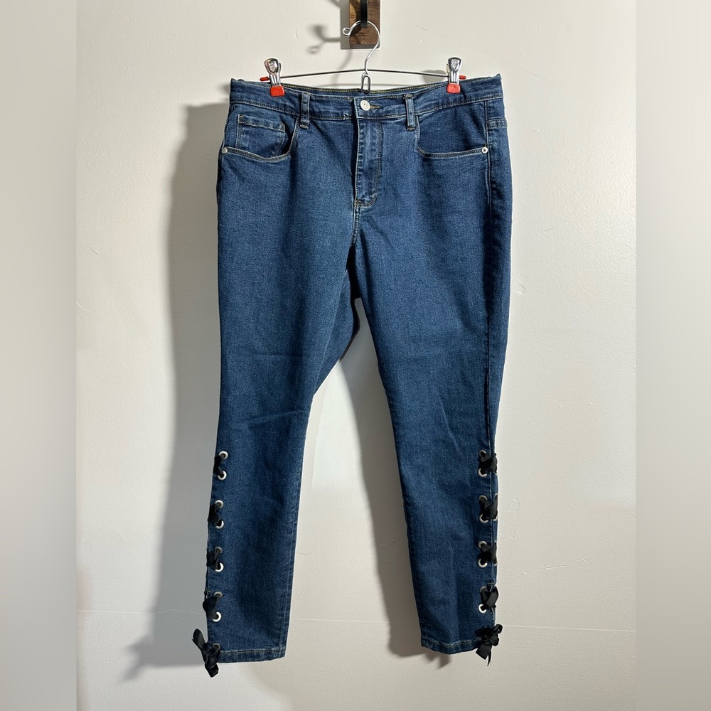 Vtg Venus Blue jeans Skinny Black ribbon laced legs Women’s 14